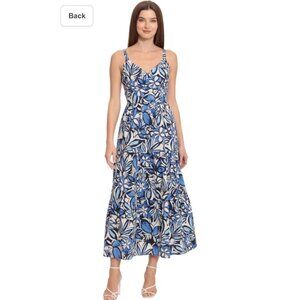 Maggie London Women Sun Dress Sz 10 Blue White Floral Resort Wear Vacation Maxi